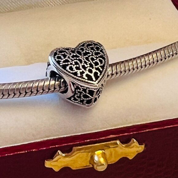 Rare Pandora RETIRED Filigree and Beaded .925 Sterling Silver Heart Charm - Picture 1 of 7